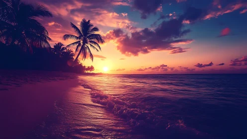 Neon sunset hush over palm-draped dream shoreline.