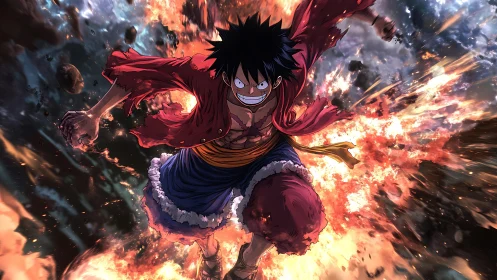 Anime fighter charging through explosive fiery chaos.