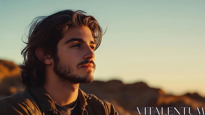 Young man with medium hair looks sideways in sunset light