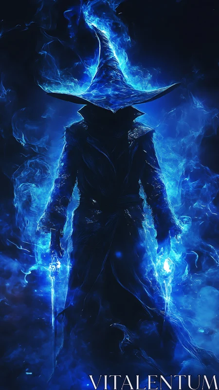 Mystic blue fire wizard stands cloaked in swirling arcane light