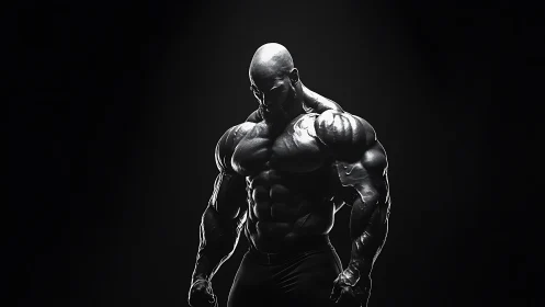 Monochrome spotlight on hyper-muscular male physique.