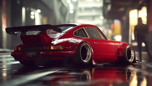 Widebody red sports coupe idles on wet neon city street