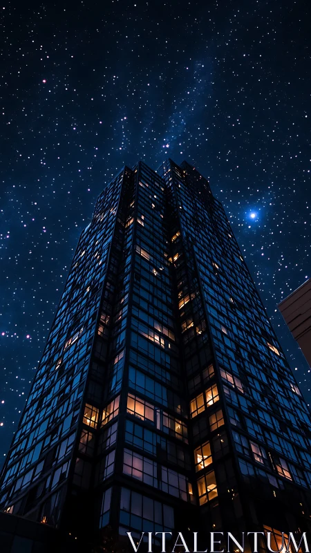 Glass high-rise towers upward under dense starry night sky