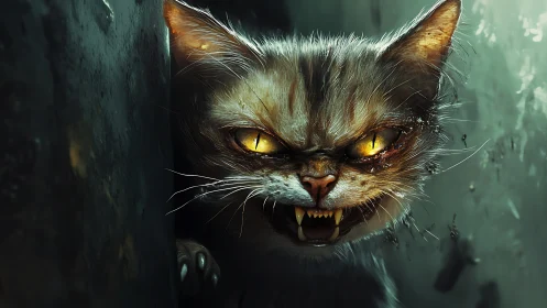 Ferocious cat snarls in shadowy alley, eyes glowing gold.