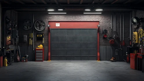 Organized industrial garage interior frames closed service door