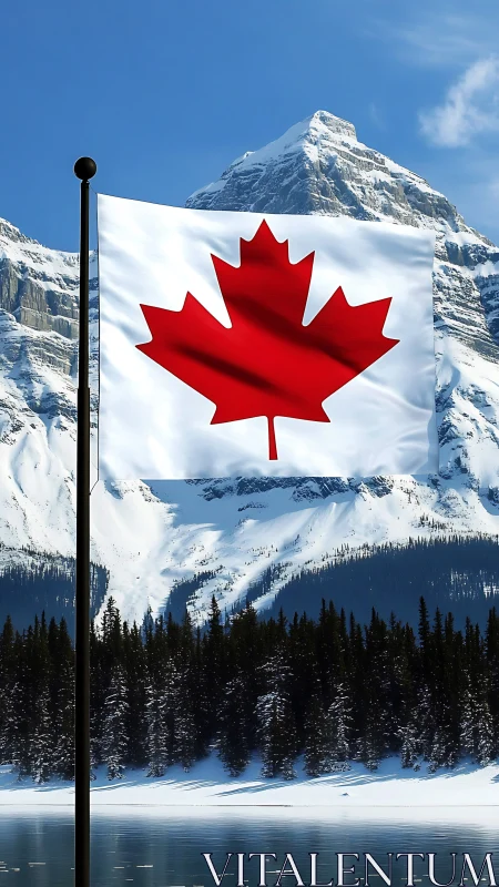Canadian flag waves before snowcapped alpine mountain peak