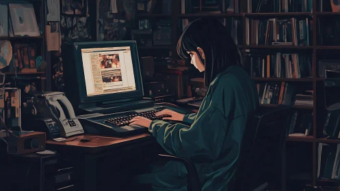 Solitary user at desktop computer in dimly lit library room.