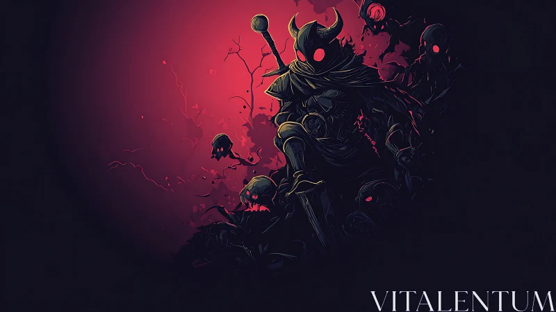 Horned void knight rises amid crimson whispering shadows.