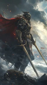 Armored knight stands with twin swords over stormy shore