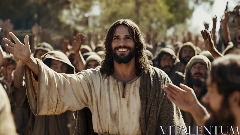 Charismatic robed teacher greeting jubilant crowd outdoors.