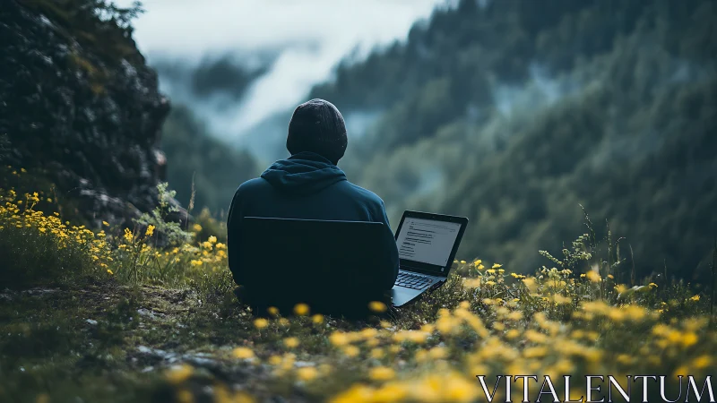 Person using laptop on mountain slope above misty valley