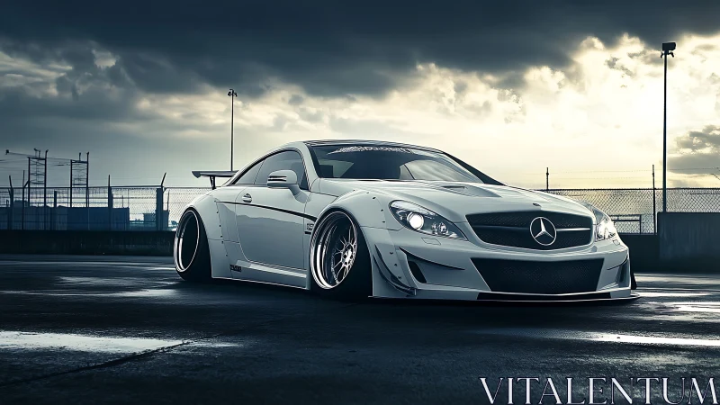Modified white Mercedes coupe on wet asphalt under clouds.