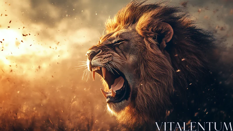 Male lion roars in side profile against backlit dust field