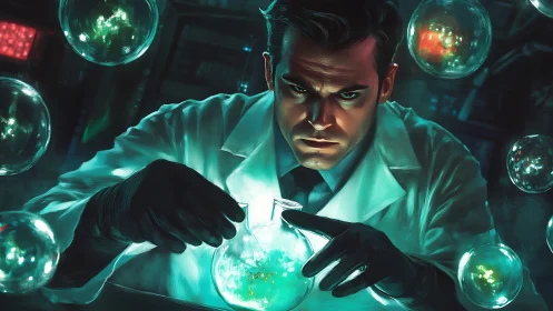 Focused laboratory scientist with glowing chemical flasks.