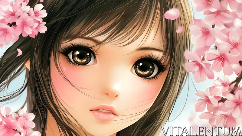 Anime portrait with cherry blossoms and luminous eye detail.