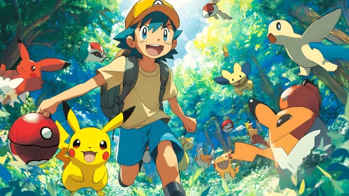 Joy-sprinting trainer and Pokémon dash through sunlit forest