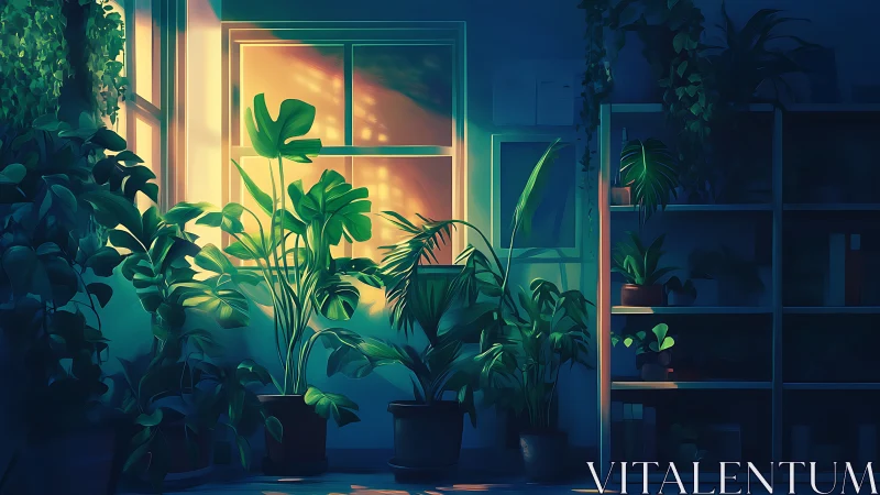 Houseplants cluster near window under warm evening light