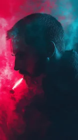 Neon cloud daydream with a quiet, thoughtful silhouette.