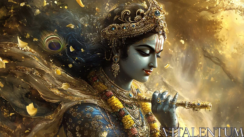 Golden dreamscape of a serene flute-playing deity portrait.