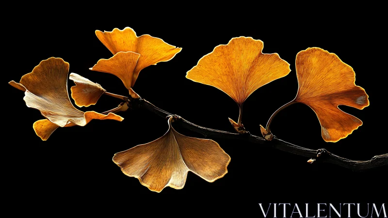 Backlit ginkgo leaves on dark background in close focus.