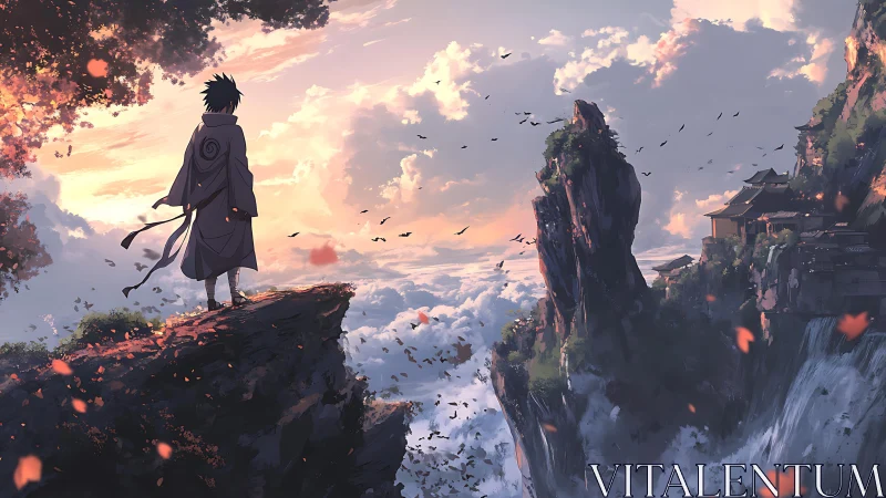 Rogue wanderer overlooking ethereal mountain temple valley.