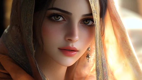 Digital portrait shows veiled woman with detailed soft lighting