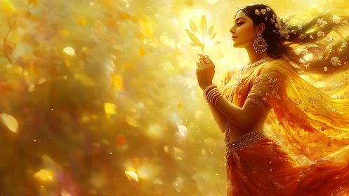 Golden goddess in bloom, cradling a luminous lotus dream.