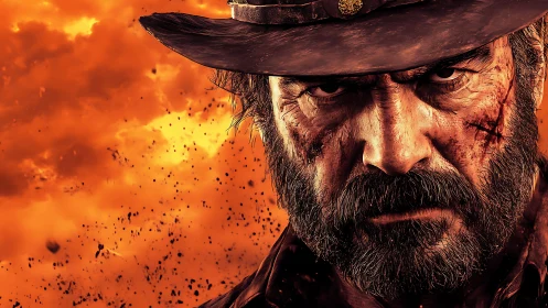Weathered gunslinger framed by a fiery western sky.