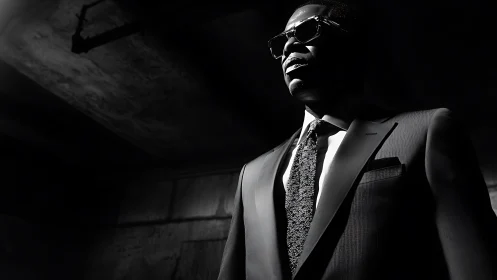 Sharp monochrome portrait of suited man in shadows.