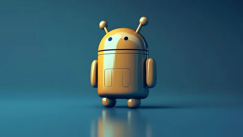 Golden toy robot figure on glossy blue studio background.