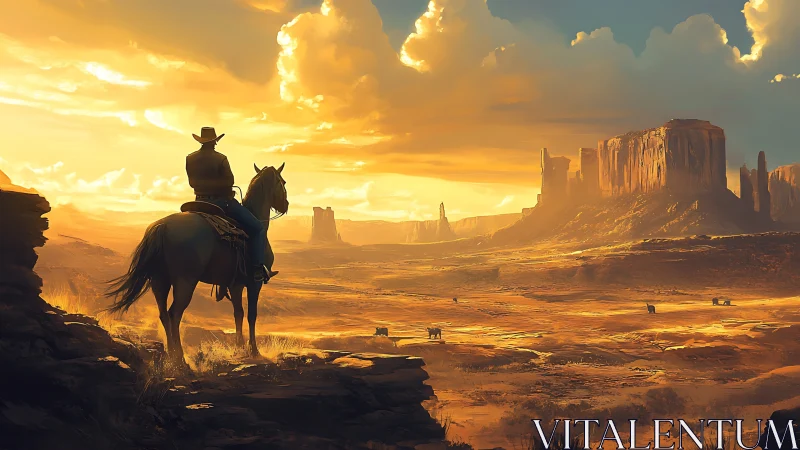 Lone cowboy surveys glowing desert mesas at sunset.