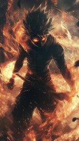 Fiery warrior strides through swirling flames with fierce resolve.