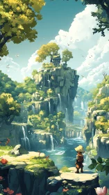 Young traveler overlooks sunlit canyon waterfalls and shrine