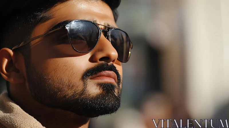 Photorealistic urban portrait with reflective sunglasses detail.