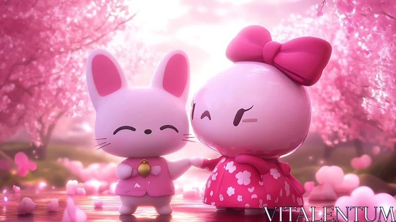 Stylized pink characters in cherry blossom landscape scene.
