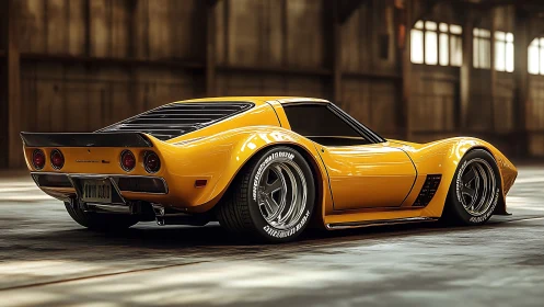 Yellow widebody sports car is parked in an empty warehouse
