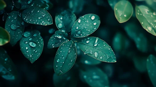 Close view of wet green leaves with surface water droplets.