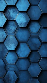 Layered metallic hexagonal tiles form deep blue relief grid