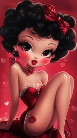 Velvet pinup doll in candy-red hearts and glossy glow.