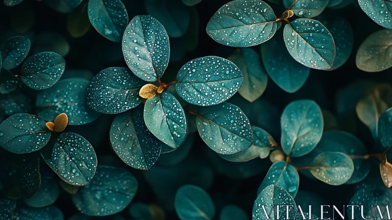 Macro foliage study isolates dew-covered teal leaves with bokeh