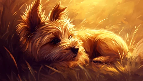 Small golden dog resting in warm glowing field light.