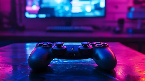 Game controller rests in neon glow of immersive setup