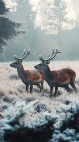 Two red deer standing alert in frosty winter meadow.