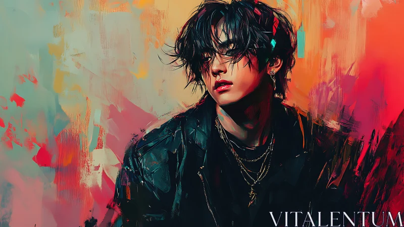 Storm-lit portrait of a brooding rebel in neon color haze.