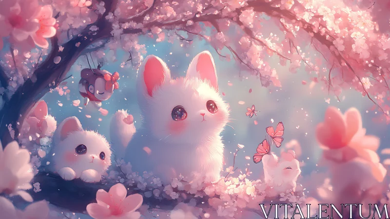 White Cats in Pink Floral Environment Digital Illustration.