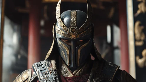 Photorealistic armored warlord portrait with ornate helm design.