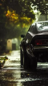 Vintage car parked on wet street under autumn rain.
