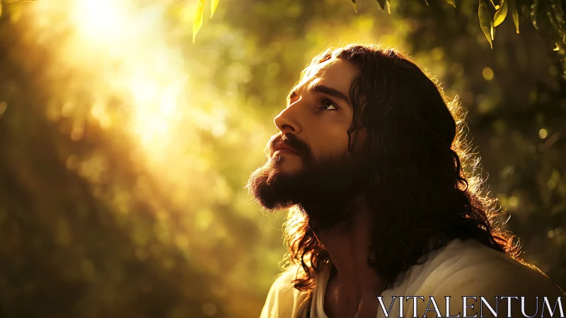 Bearded man gazing upward under warm forest sunlight glow.