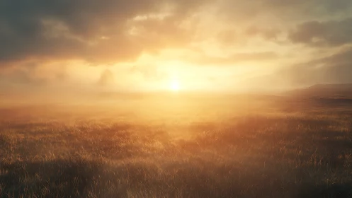 Sunlit mist over golden meadow under expansive sky.