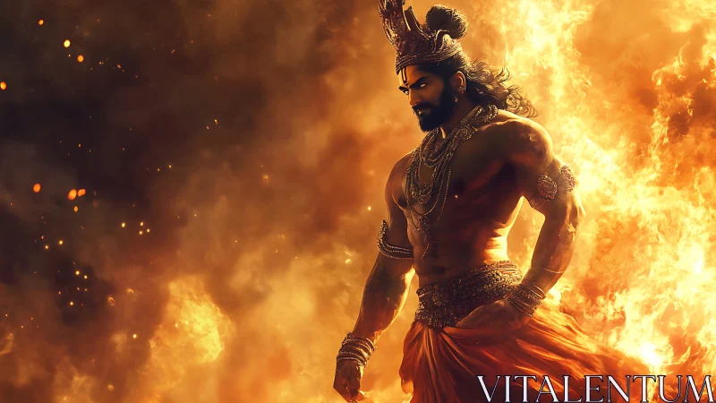 Mythic warrior stands in raging flames with intense focus.